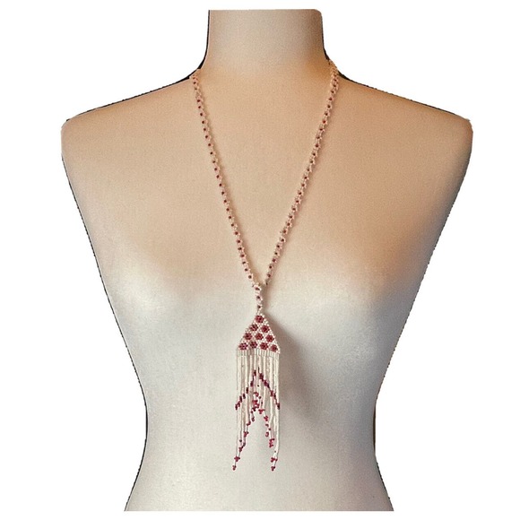 Vintage Native Southwestern Red White Fringe Necklace Seed Beads Flowers 26” - Picture 2 of 5